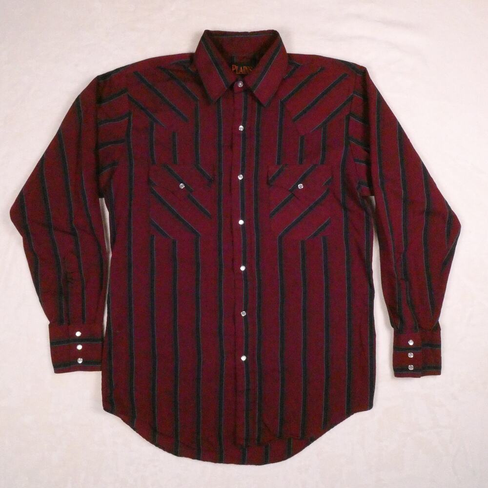 Plains Western Wear Burgundy Button Down Size S Pearl Snap Cowboy Striped